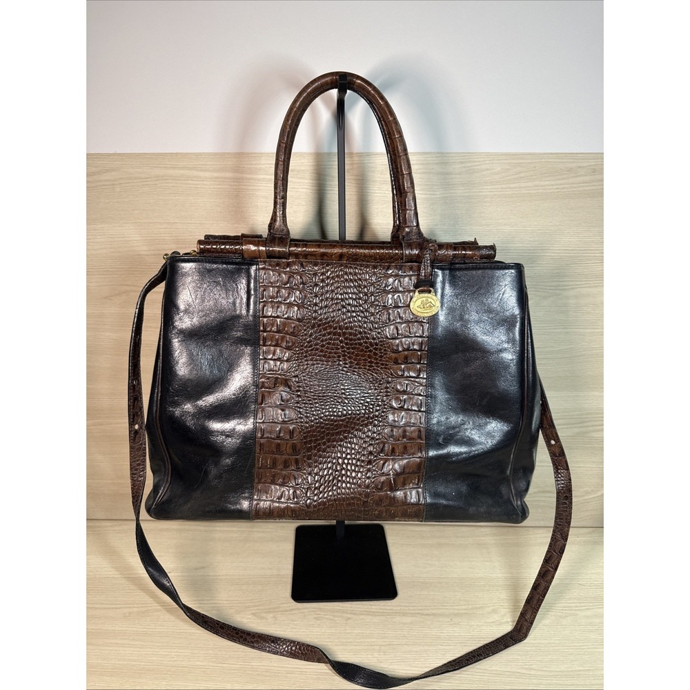 Vintage BRAHMIN Black‎ Brown Croc Embossed Large Tote Satchel Handbag Crossbody